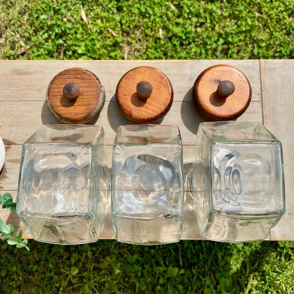 Vintage Glass Jar Canisters w/ Wood Lids | Set of 3